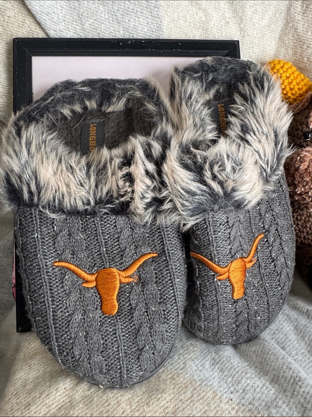 Embroidered Longhorn Gray Cable-Knit Slippers with Faux Fur Trim